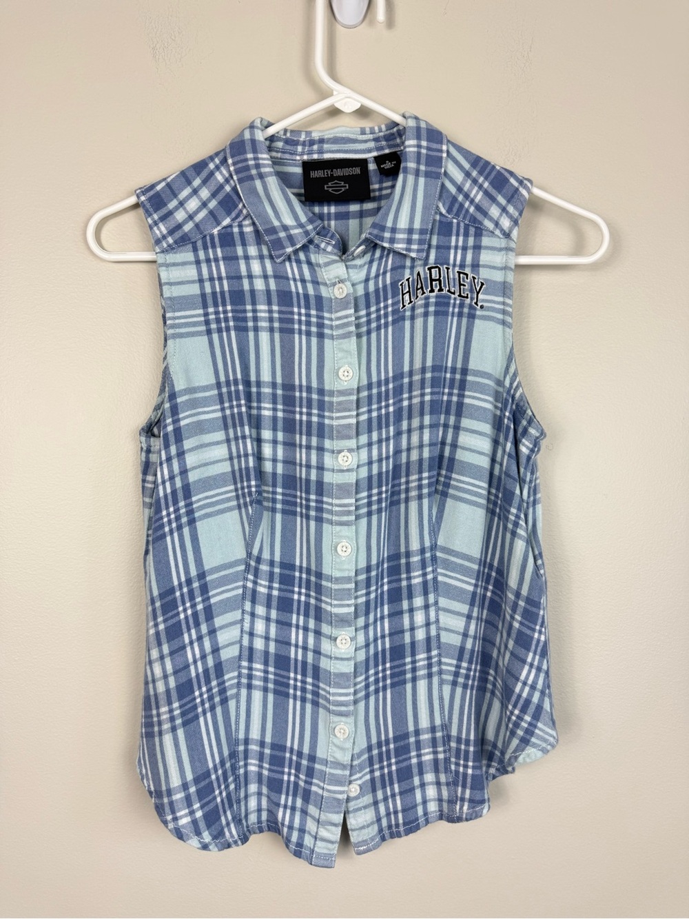 Harley Davidson Top Blue Plaid Small Sleeveless Biker Camp Picnic Y2K Cotton